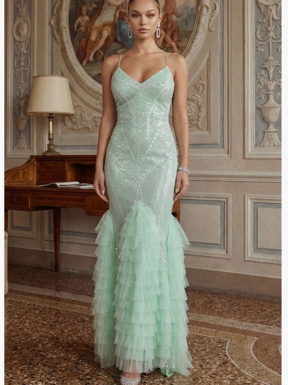 Elegant Mint Green Sequin Patterned Layered Mesh Dress